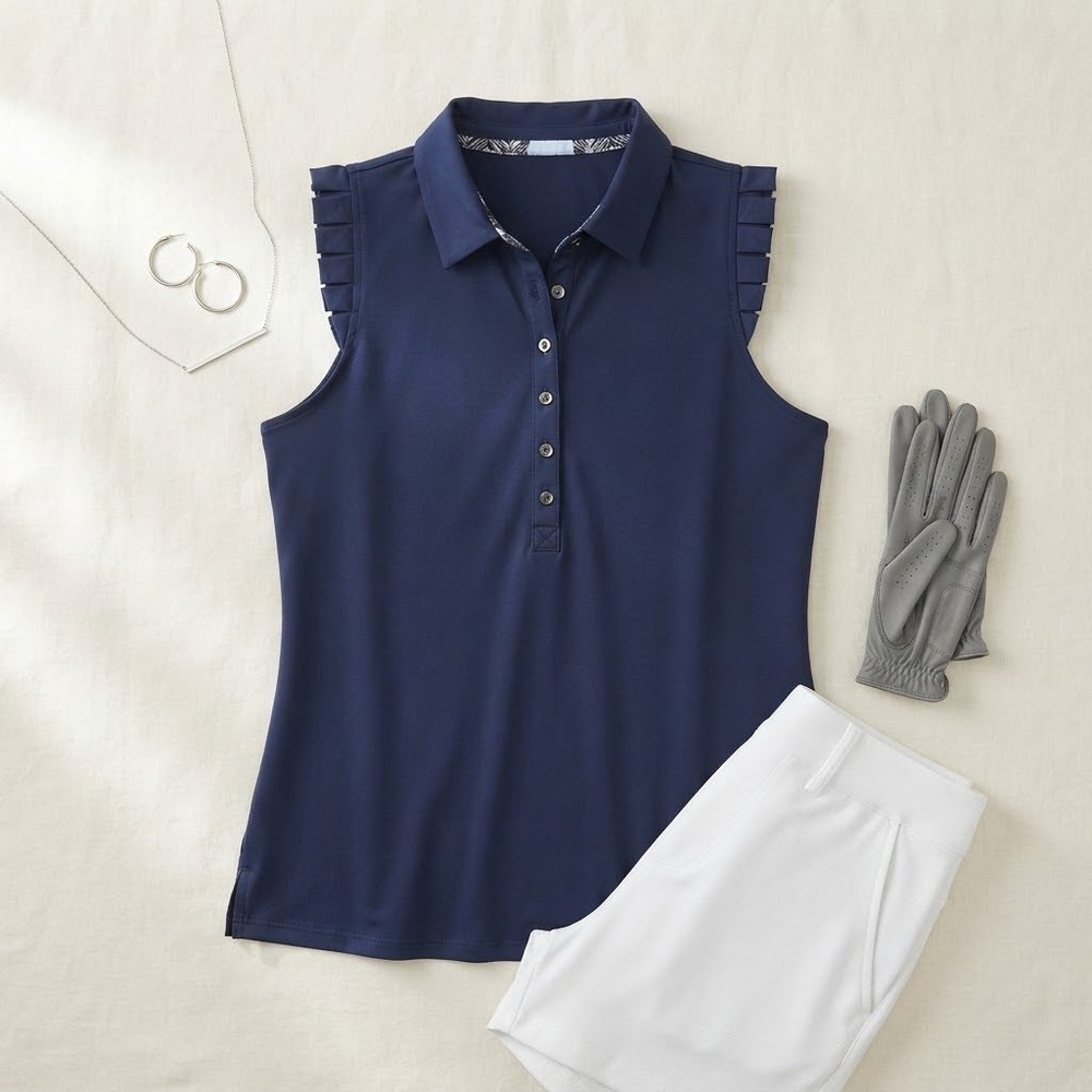 Sigrid Olsen Golf Top Women L Navy Blue Ruffle Sleeve Tennis Polo Preppy Sporty